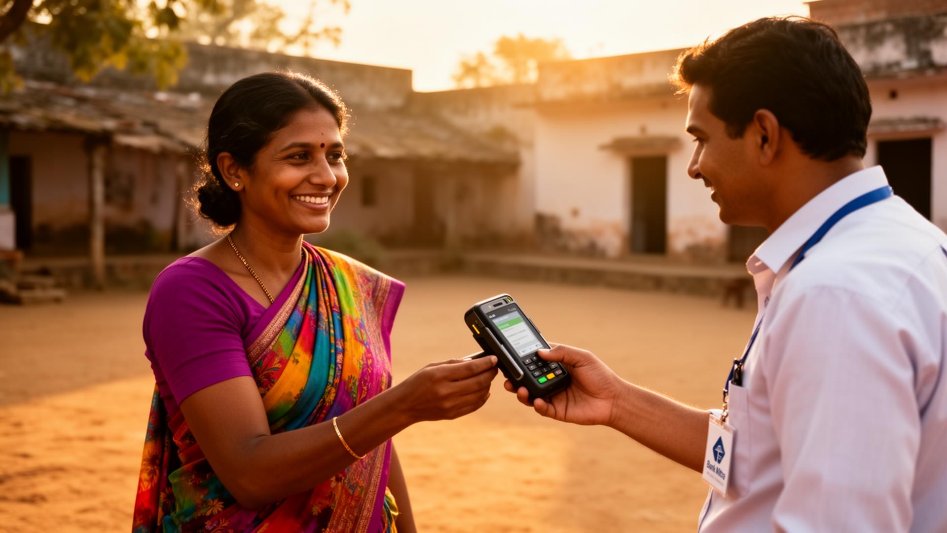 A rural woman receives doorstep banking via a Bank Mitra