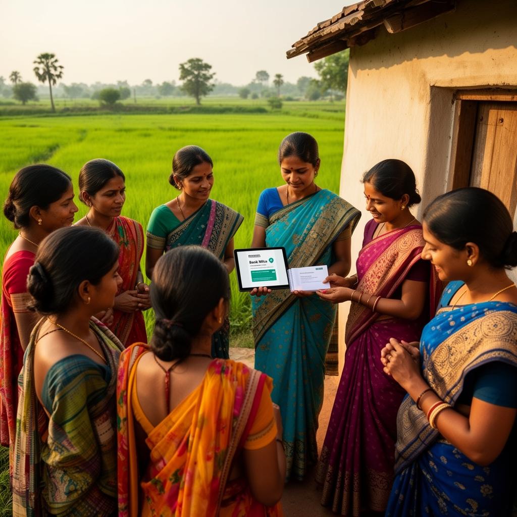 Women gather around a Bank Mitra demonstrating banking services