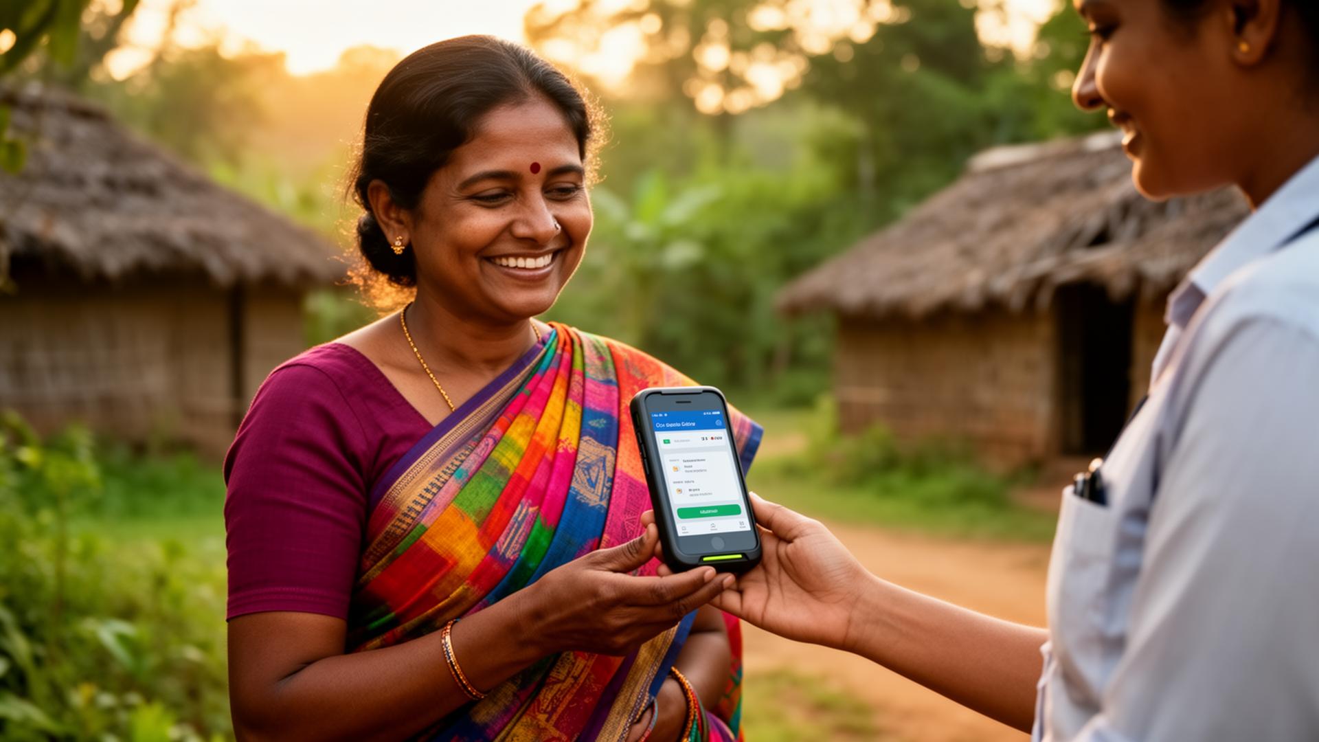 A rural woman receives doorstep banking via a Bank Mitra